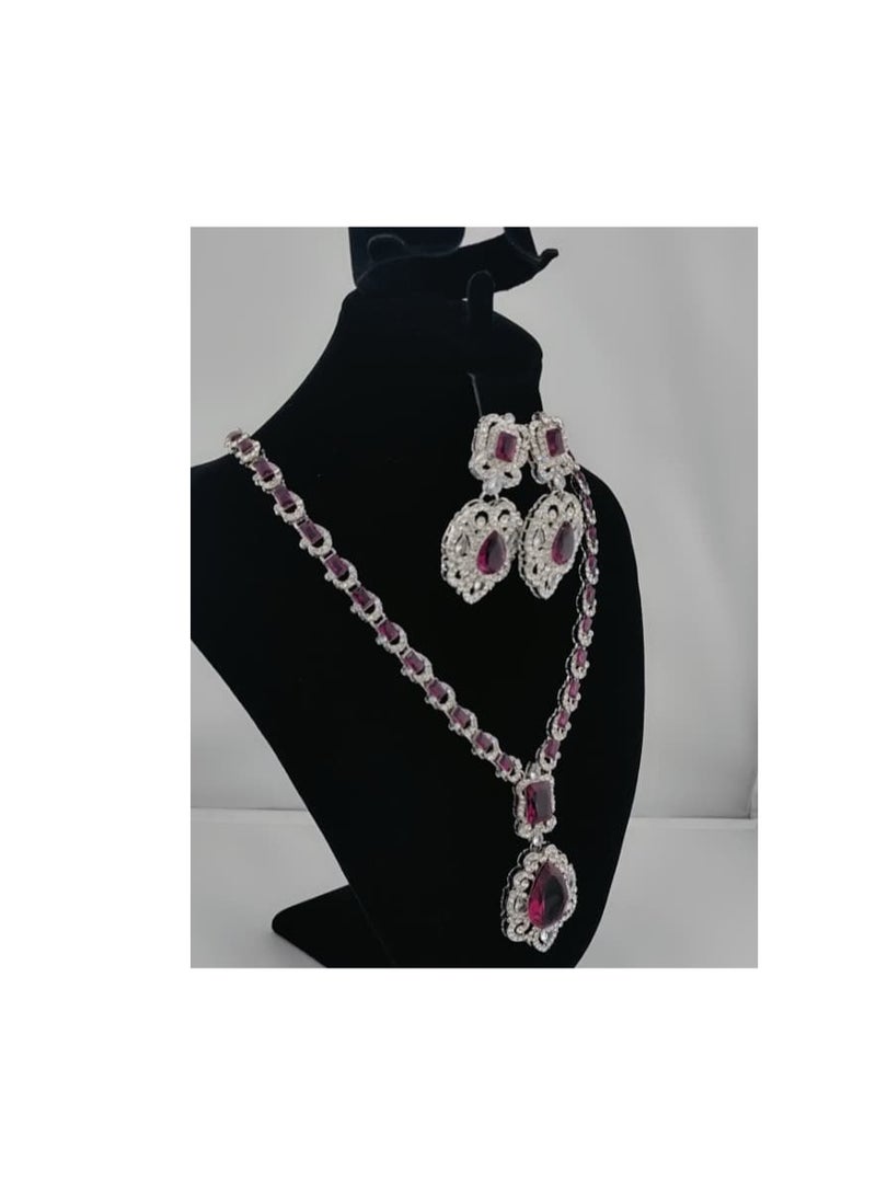 NATHNI Burgundy Red with Silver-Tone Necklace &Earrings American stone - Image 4